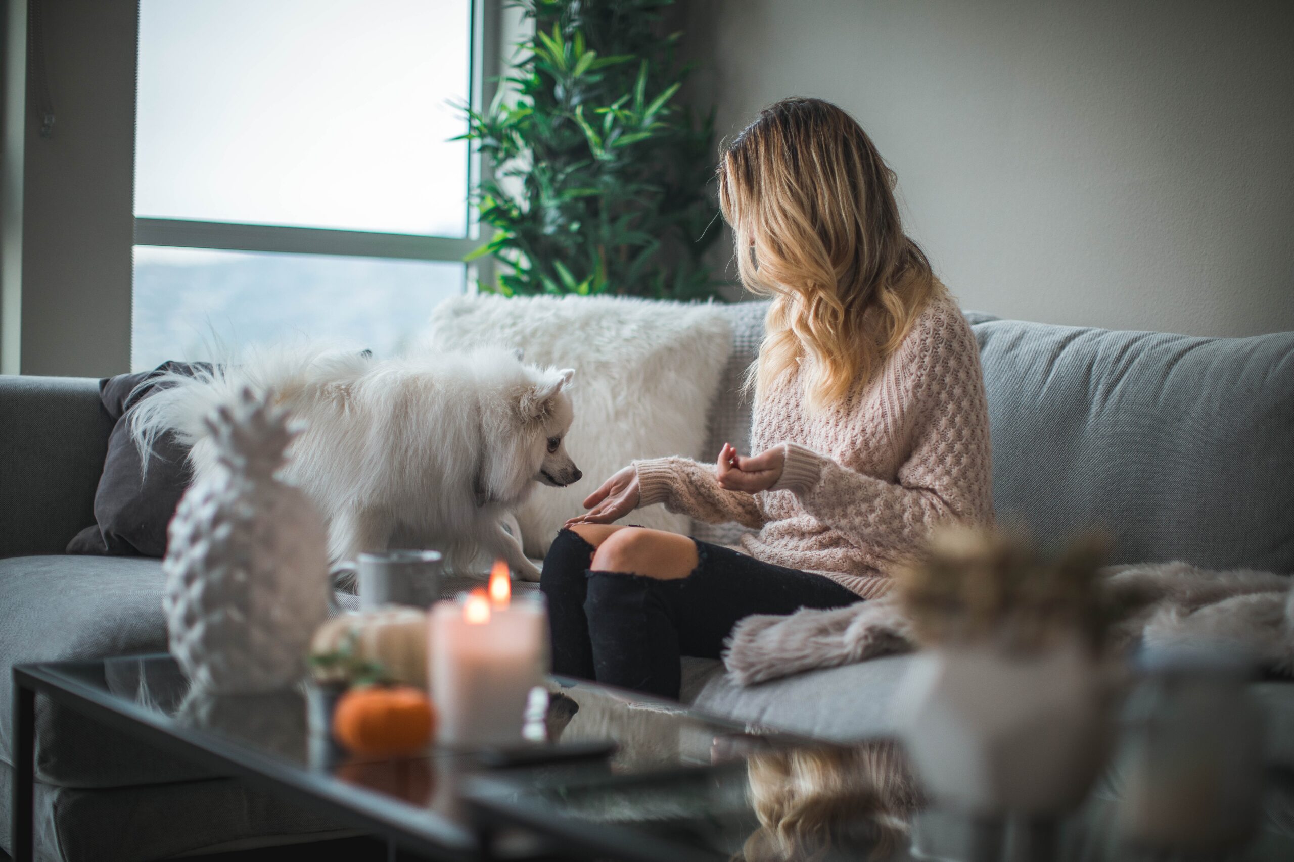 woman on sofa surrounded by candles and a dog