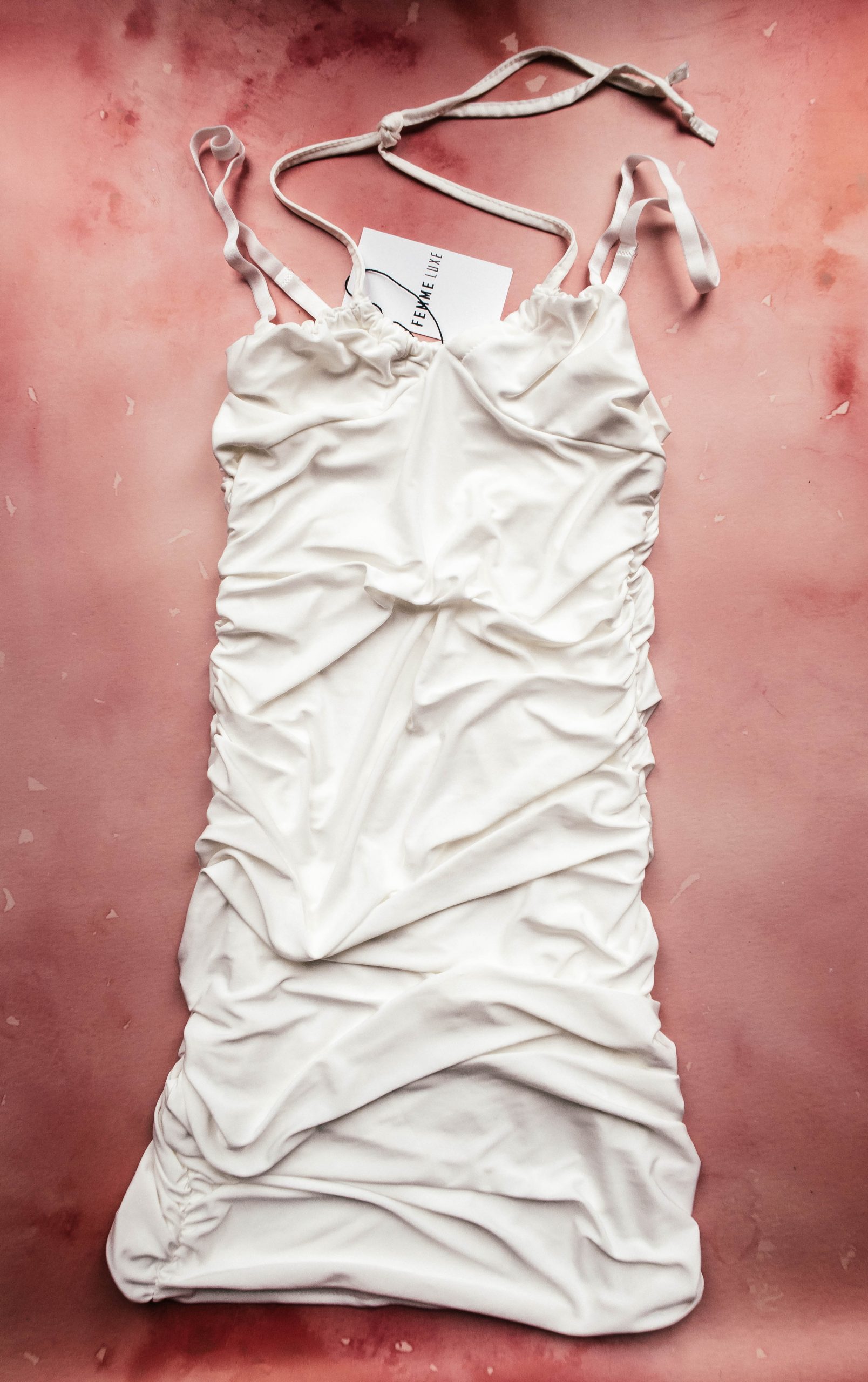 little white dress with halter tie, straps and rouched front