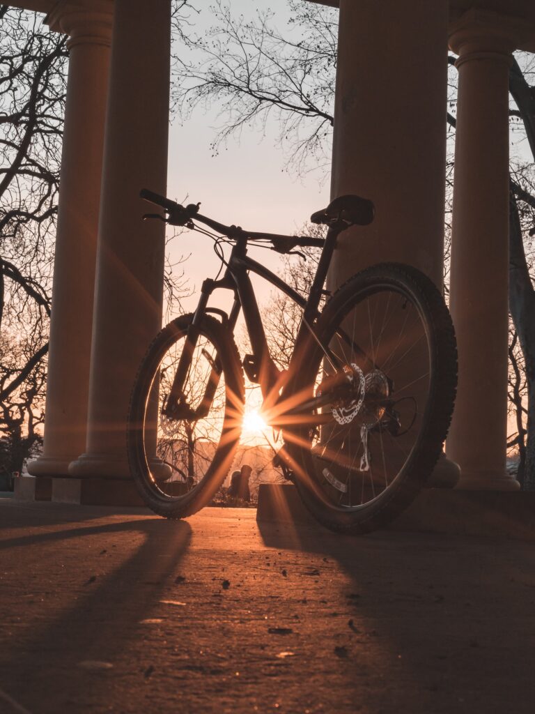 pushbike with the sunset shining through it.